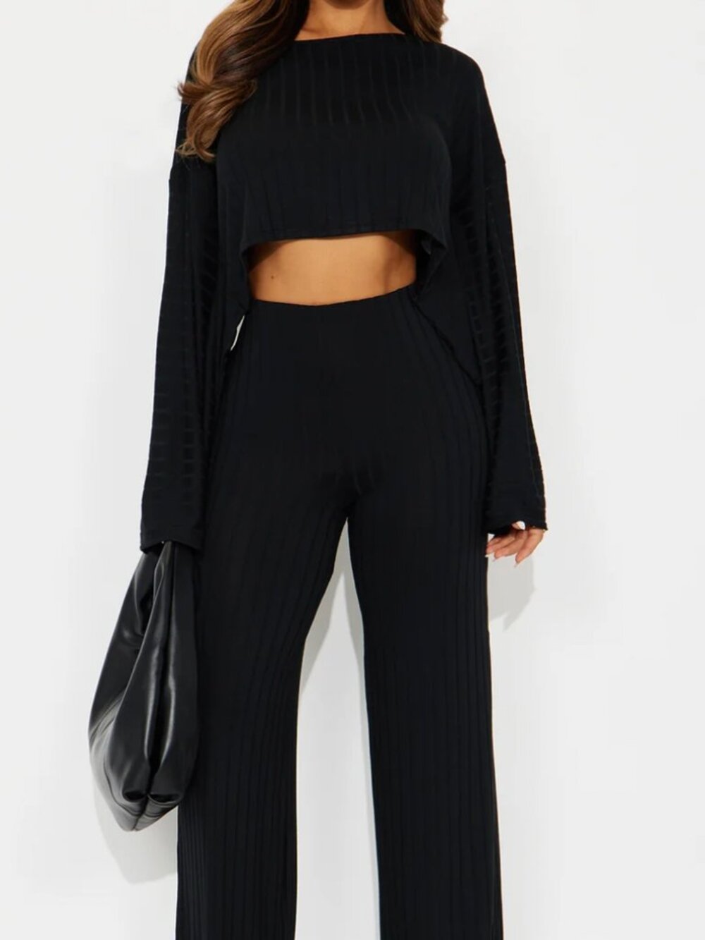 Ribbed Cropped Longsleeve Pant Set